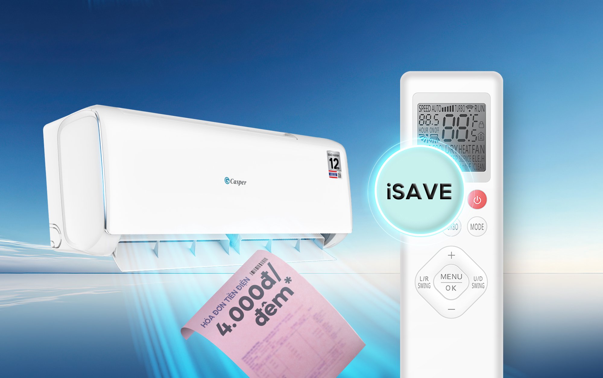 Điều hòa Casper treo tường kèm remote iSave và hóa đơn tiền điện tiết kiệm 4000 đồng mỗi đêm